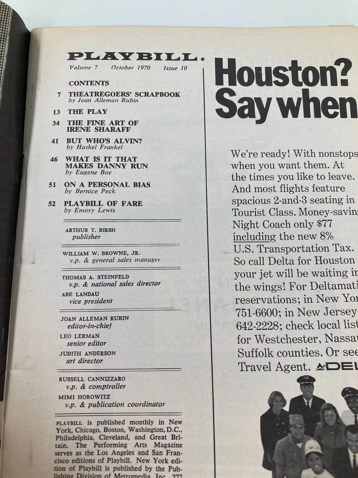 1970 Playbill for Not Now, Darling, showcasing the interior contents including the table of contents and production details.