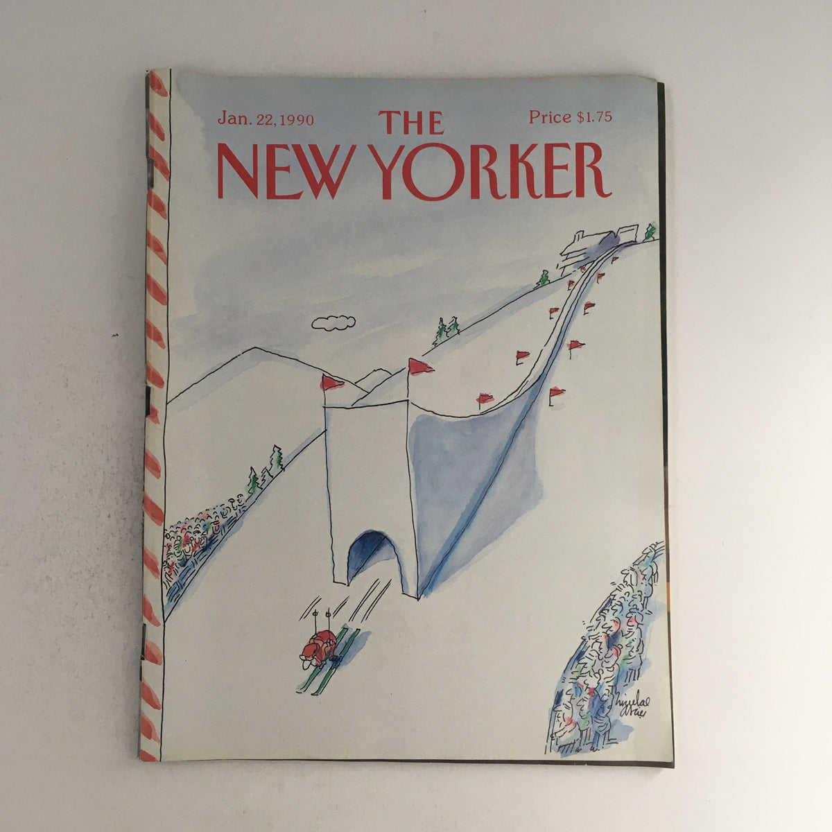 The New Yorker January 22 1990 Full Magazine Theme Cover by Niculae Asciu featuring a snowy ski scene with a skier racing towards a tunnel, showcasing vibrant colors and artistic detail.