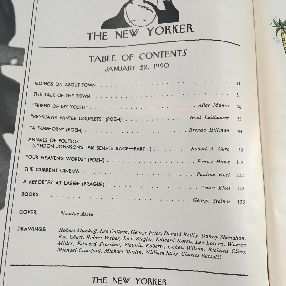 The New Yorker January 22 1990 Table of Contents page, listing articles and features, with the cover artist Niculae Asciu credited, reflecting the magazine's diverse content.