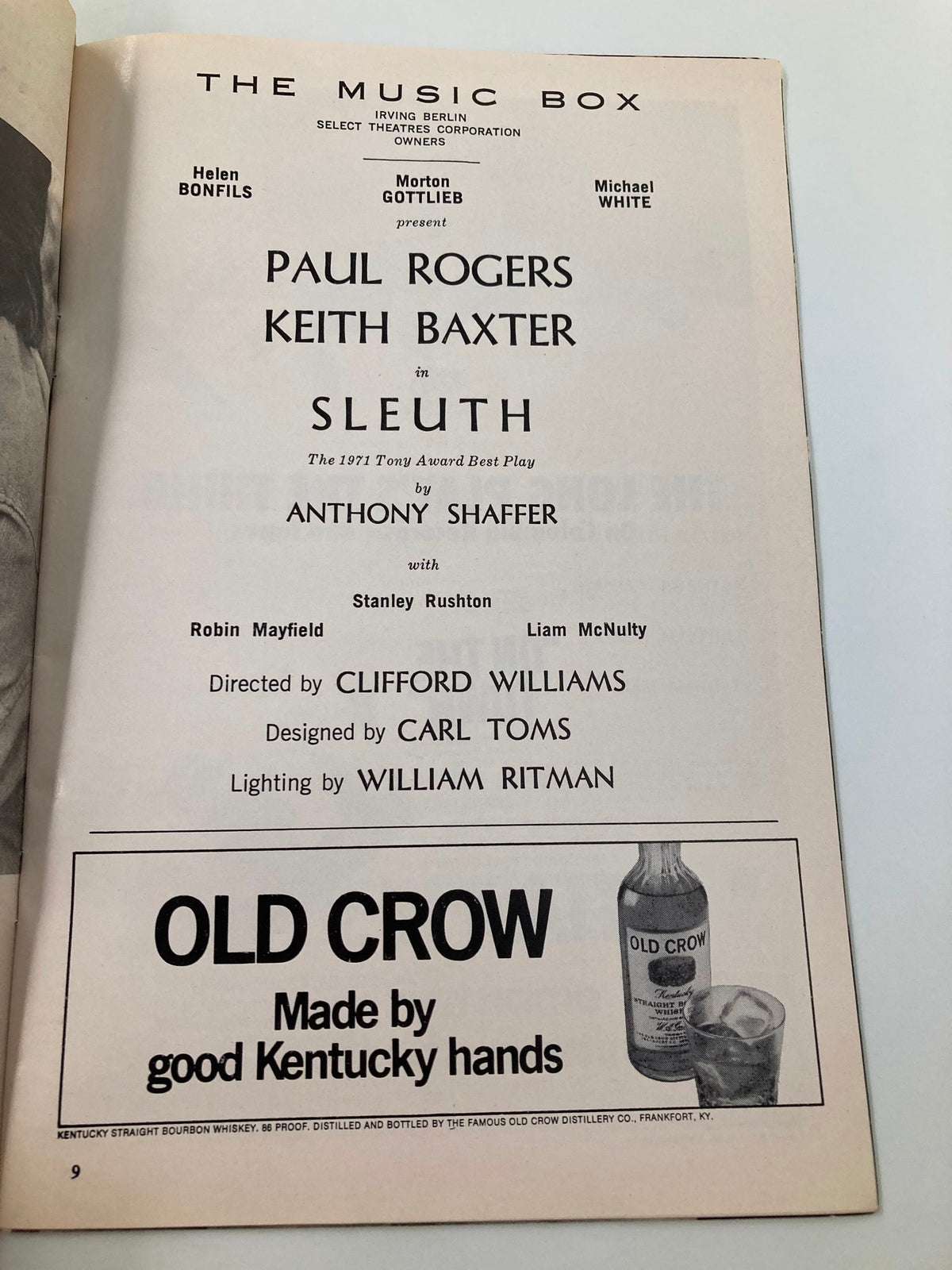 Inside page of the 1972 Playbill The Music Box Sleuth showcasing the cast and creative team, featuring Paul Rogers and Keith Baxter.