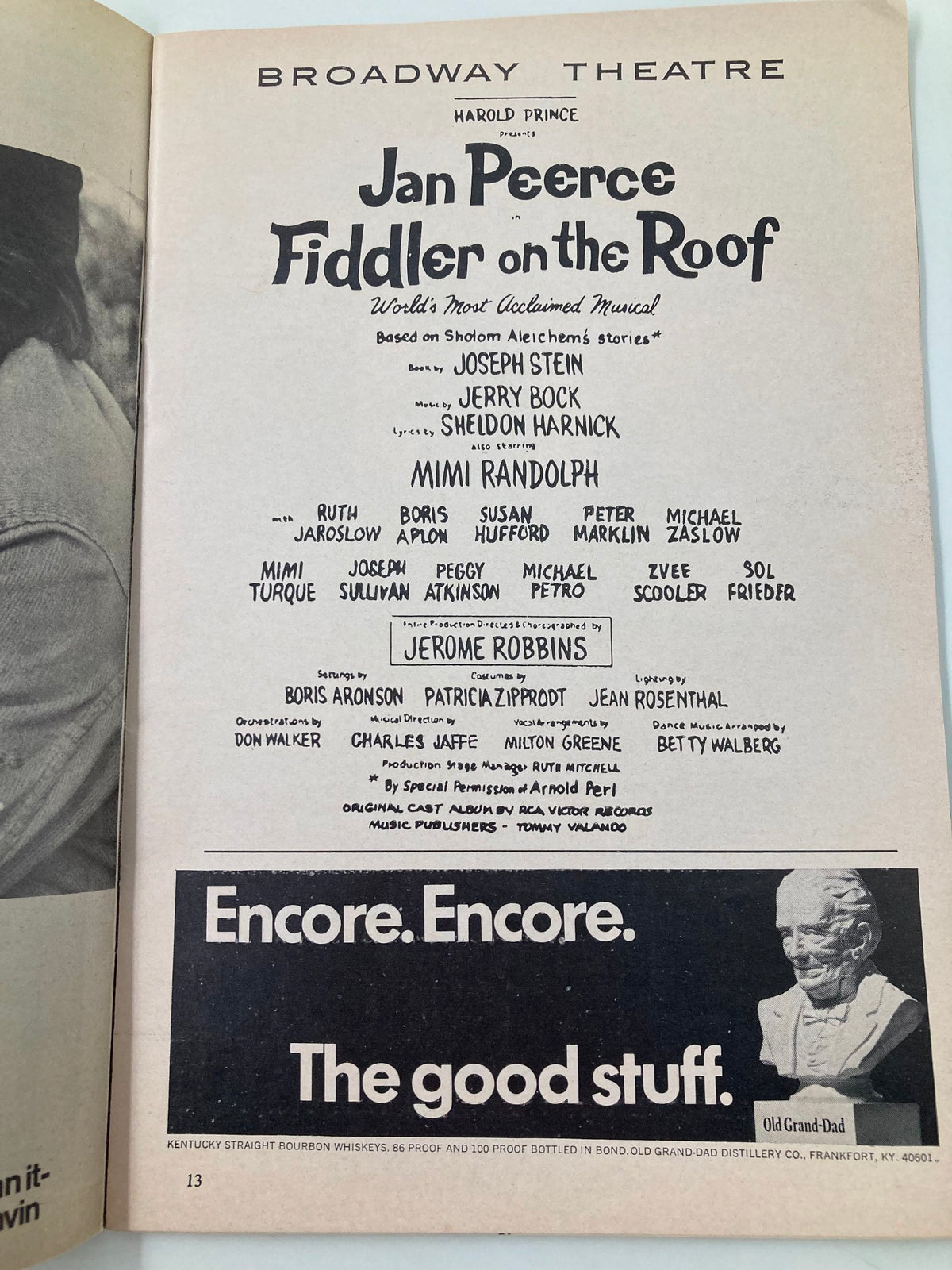 Credits page from the 1972 Playbill for 'Fiddler on the Roof', highlighting the cast including Jan Peerce and Mimi Randolph.