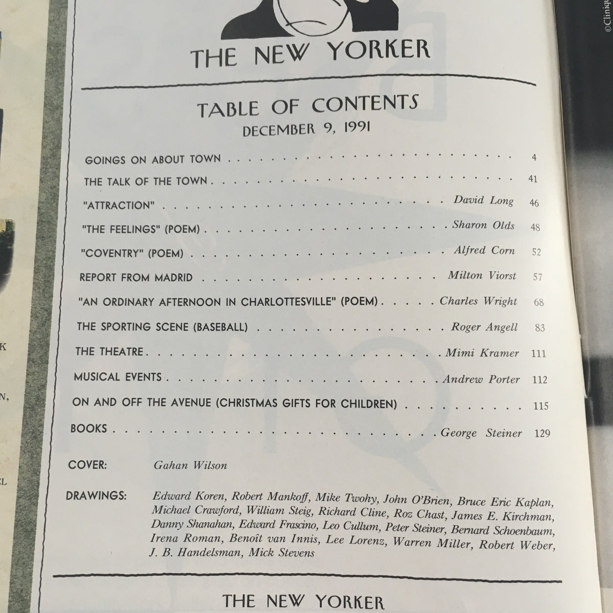 Table of Contents of The New Yorker December 9 1991 magazine, listing articles and contributors, with cover art by Gahan Wilson noted.