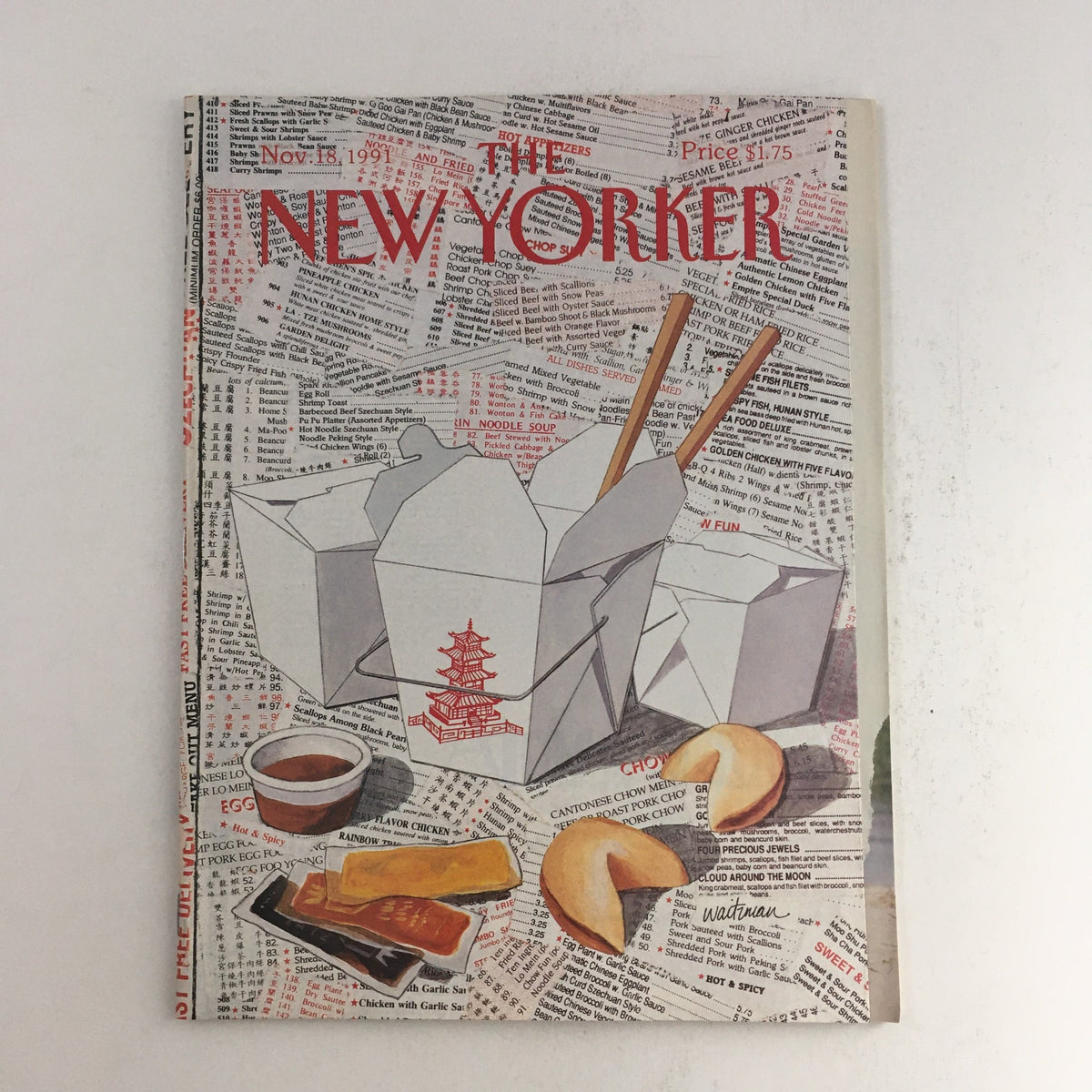 The New Yorker November 18 1991 Full Magazine Theme Cover featuring an illustration of takeout food and fortune cookies, designed by William Waitzman.