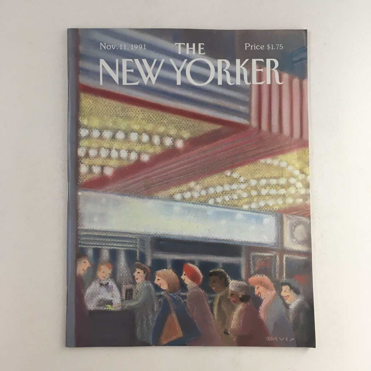 The New Yorker November 11 1991 magazine cover featuring a vibrant illustration by Susan Davis, depicting a lively scene with people gathered in front of a marquee.