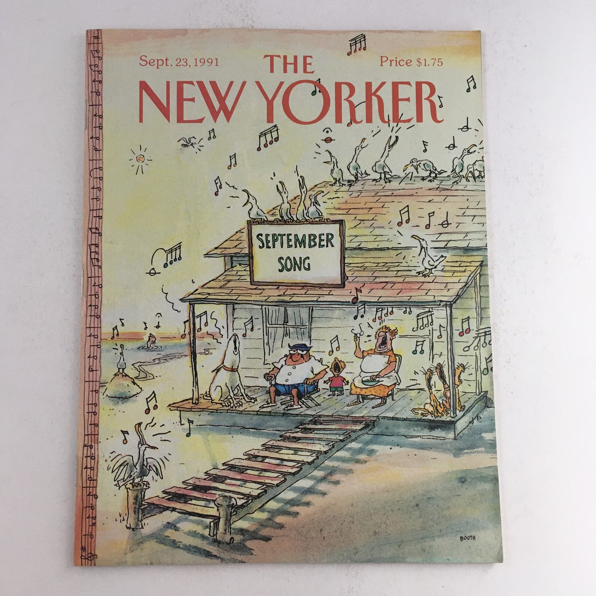 The New Yorker September 23 1991 Full Magazine Cover by George Booth featuring whimsical illustration of characters enjoying music with the title 'September Song'.