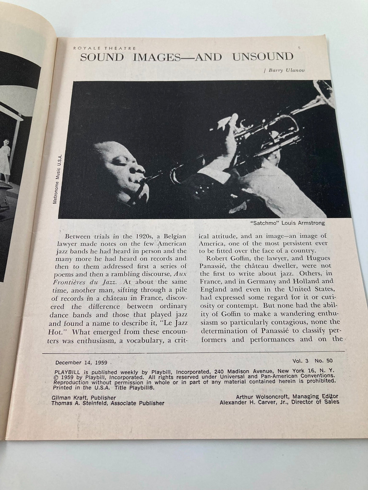 1959 Playbill from Royale Theatre with an article on 'Sound Images and Unsound' featuring a black and white image of a famous jazz musician, reflecting the cultural scene of the era.