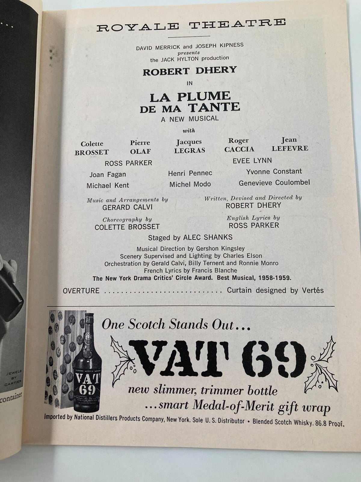 1959 Playbill from Royale Theatre for 'La Plume De Ma Tante', detailing the cast including Pierre Olaf and listing the musical's production team and credits.