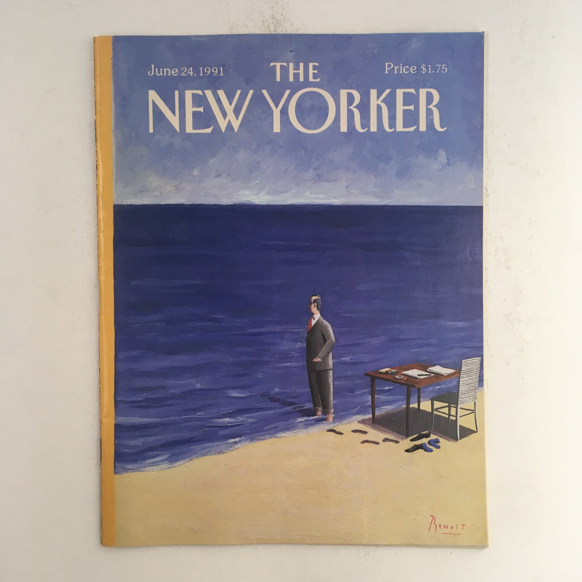 Cover of The New Yorker, June 24, 1991, featuring a theme design by Benoit van Innis. The artwork depicts a solitary figure standing by the sea next to a table with a chair, reflecting a serene beach scene.