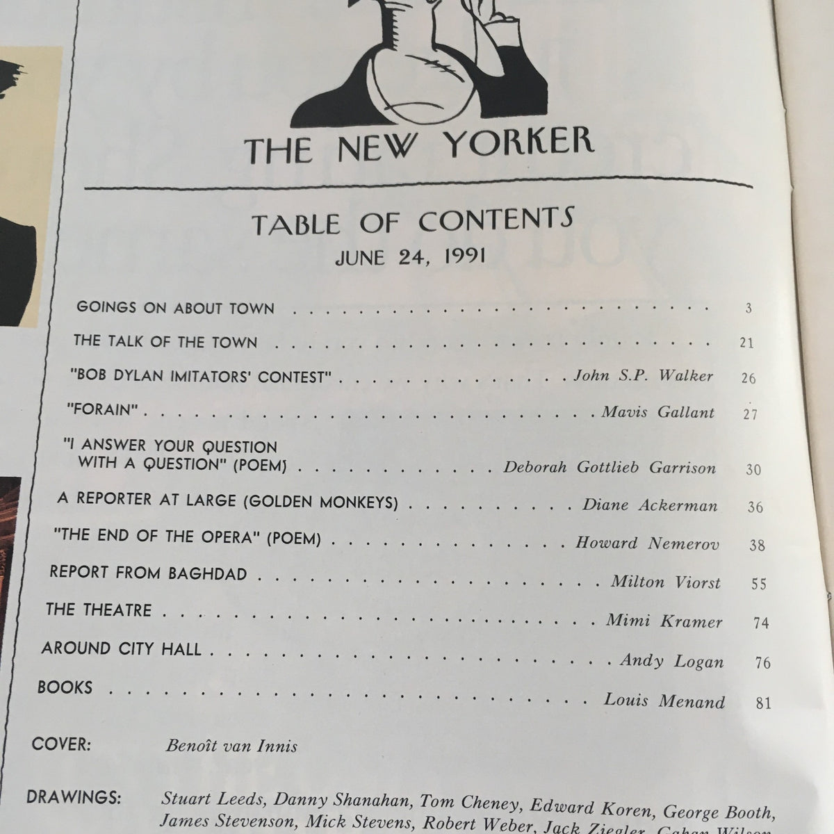 Table of contents from The New Yorker, June 24, 1991, outlining various articles and sections, with Benoit van Innis credited as the cover artist. The page gives readers a glimpse into the magazine's content for that issue.