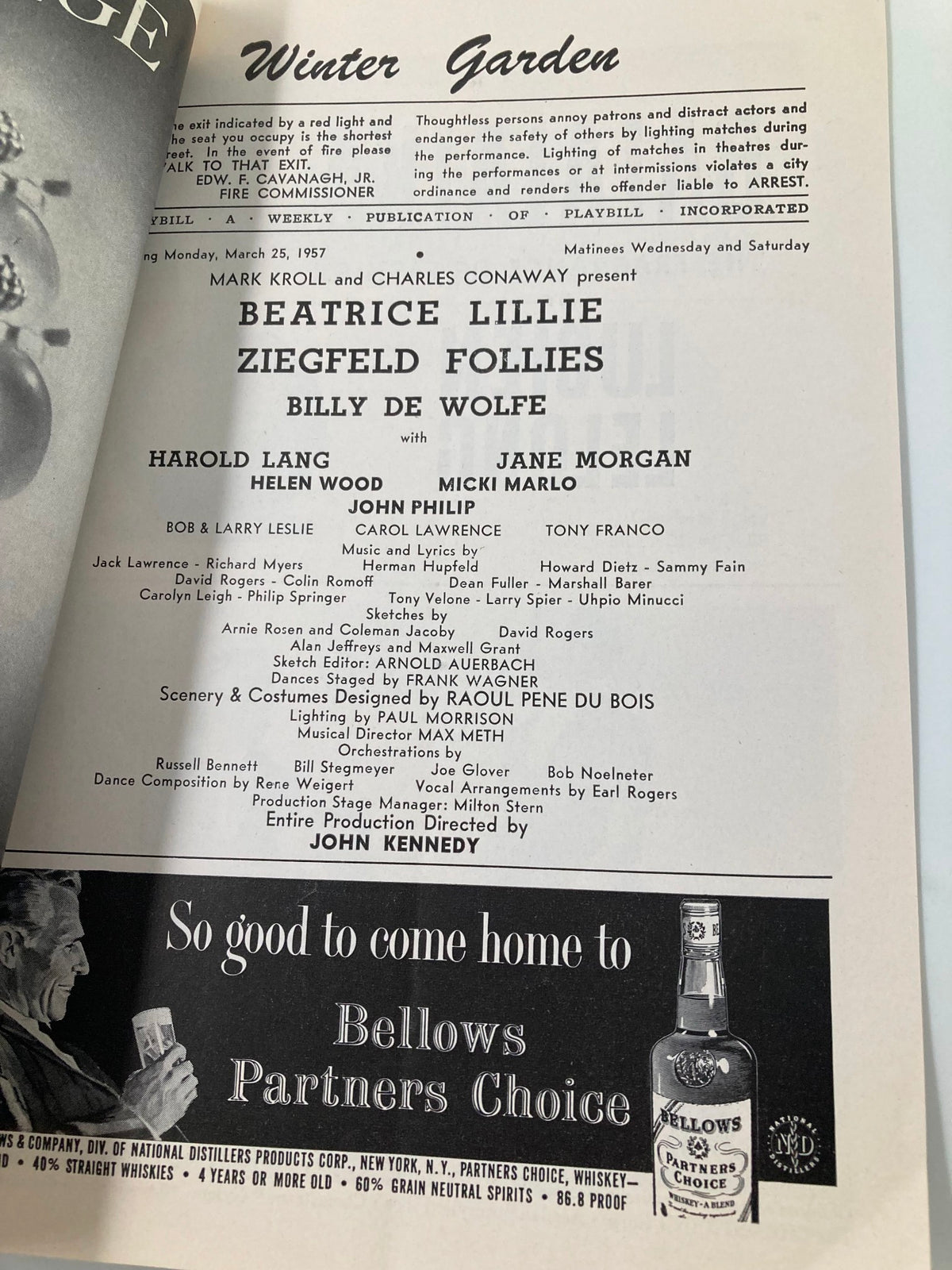 Interior page of the 1957 Playbill from Winter Garden, featuring Beatrice Lillie in Ziegfeld Follies, detailing the cast and production information.