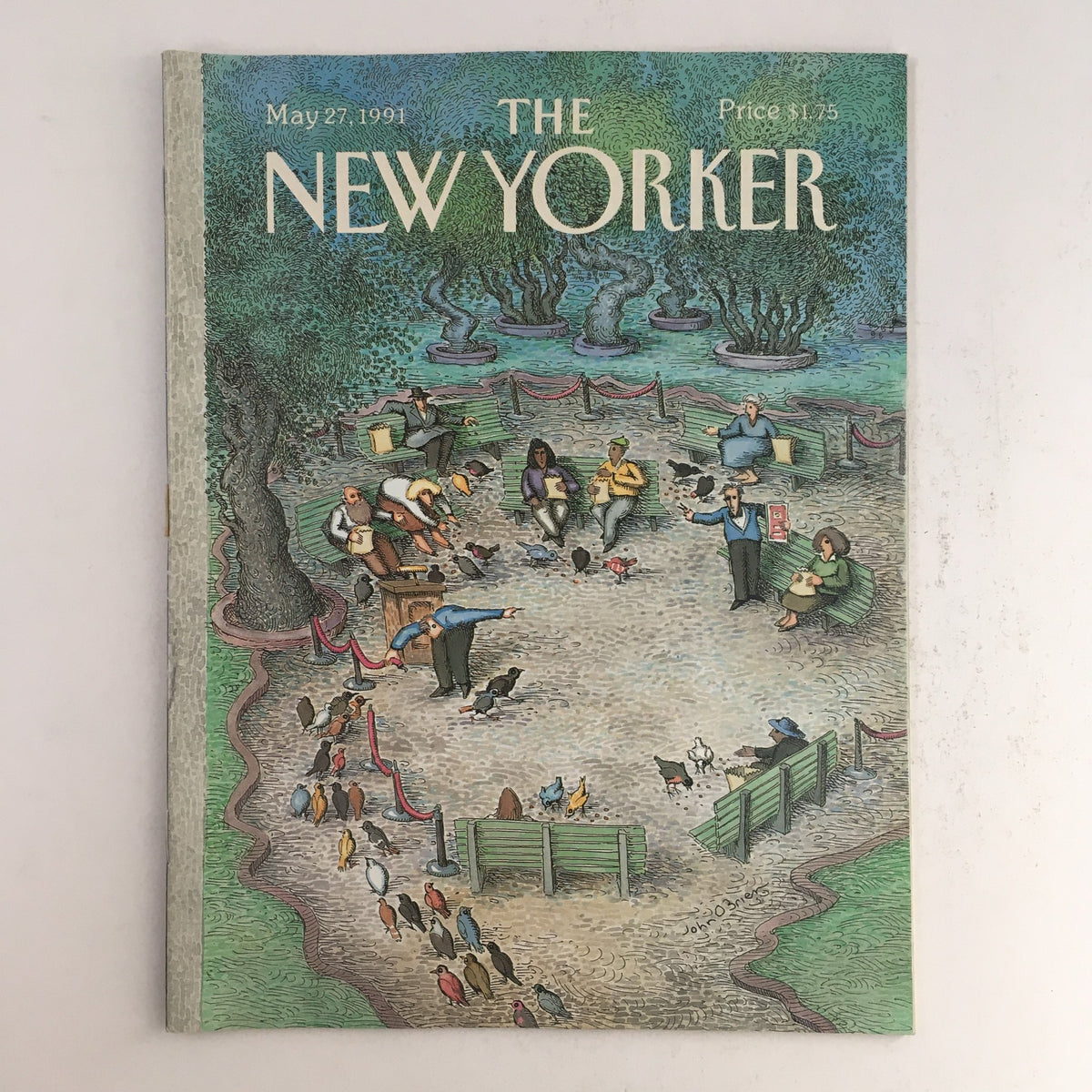 The New Yorker May 24 1991 Full Magazine featuring an illustrated theme cover by John O'Brien, depicting a park scene with people feeding birds, showcasing vibrant colors and artistic design.