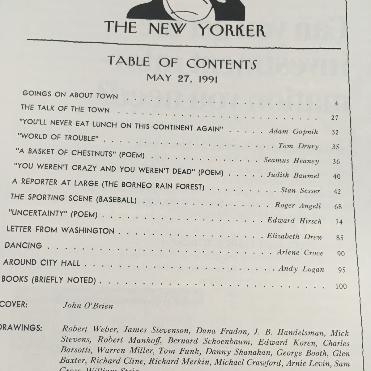 Table of Contents from The New Yorker May 24, 1991 Magazine featuring article titles and contributors including Adam Gopnik and Seamus Heaney.