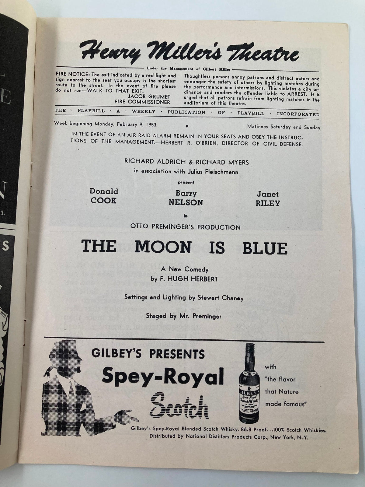 1953 Playbill from Henry Miller's Theatre featuring the production 'The Moon Is Blue', starring Donald Cook and Barry Nelson. The cover displays theater details and advertisement, emphasizing its historical significance as a collectible item.