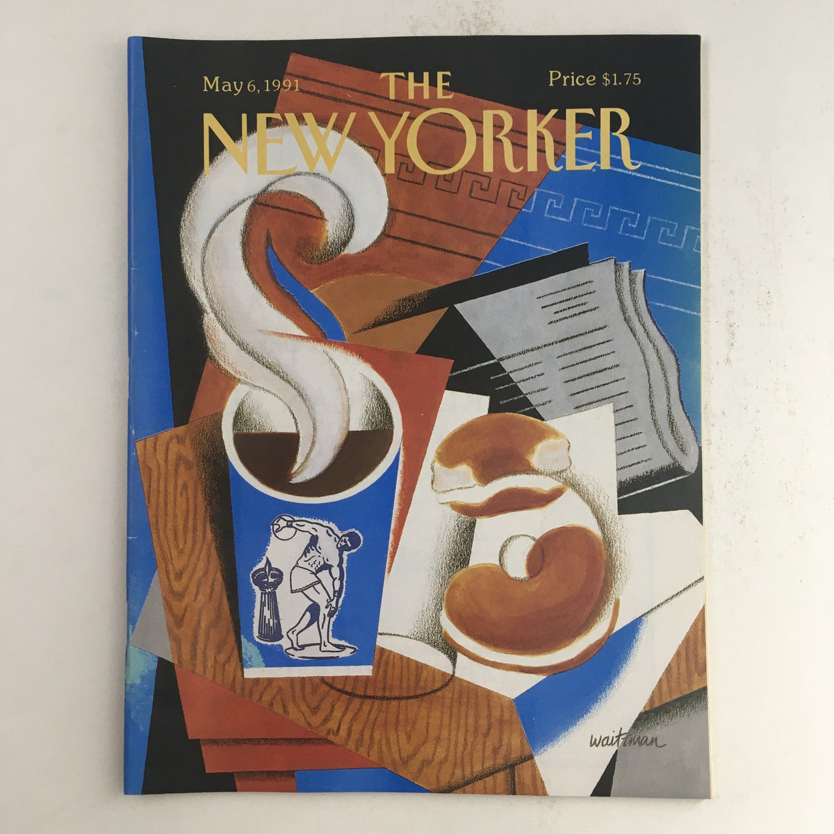 Cover of The New Yorker May 6, 1991 featuring a theme design by William Waitzman, showcasing stylized illustrations of a coffee cup, doughnut, and vibrant colors reflecting early '90s culture.