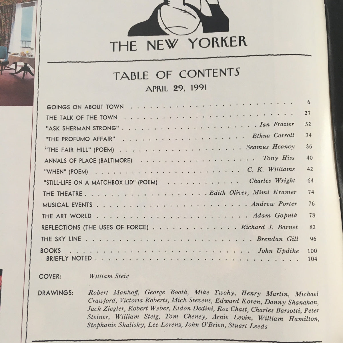 Table of contents for The New Yorker, April 29, 1991, listing featured articles and contributions by various writers. The cover artist is noted as William Steig, reflecting the magazine's diverse literary offerings.
