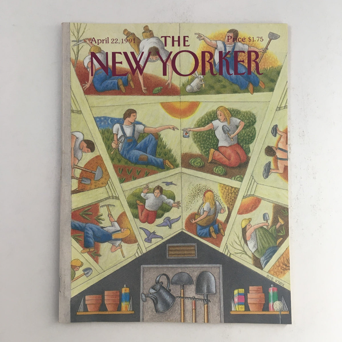 The New Yorker April 22 1991 Full Magazine Theme Cover by Bob Knox, featuring colorful illustrations of gardening scenes and activities, showcasing the magazine's artistic style and cultural commentary.