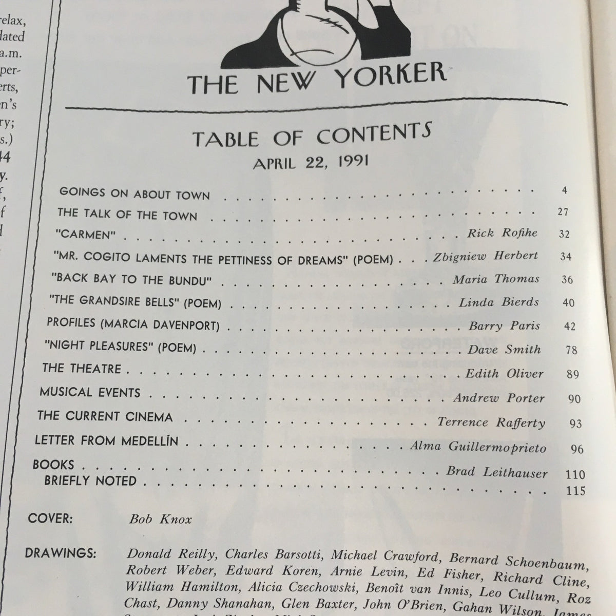 Table of Contents from The New Yorker magazine, April 22, 1991, featuring contributions by various writers, alongside the cover designed by Bob Knox, showcasing the magazine's editorial layout and structure.