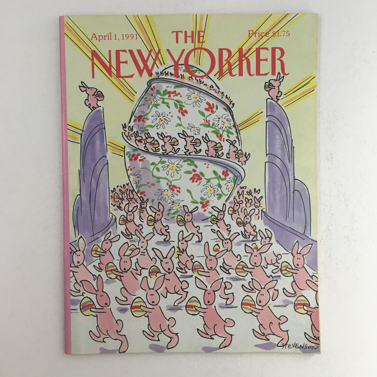 The New Yorker April 1 1991 Full Magazine Theme Cover by James Stevenson featuring whimsical pink bunnies with Easter eggs and a decorative egg in the background, encapsulating 90s art style.