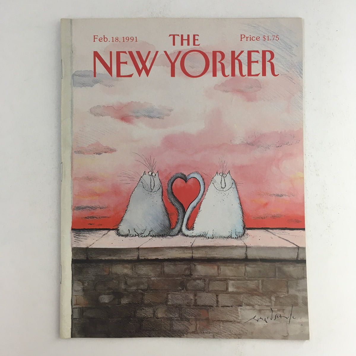 The New Yorker February 18, 1991 Full Magazine Theme Cover by Ronald Searle featuring two whimsical cats forming a heart shape against a picturesque sunset background.