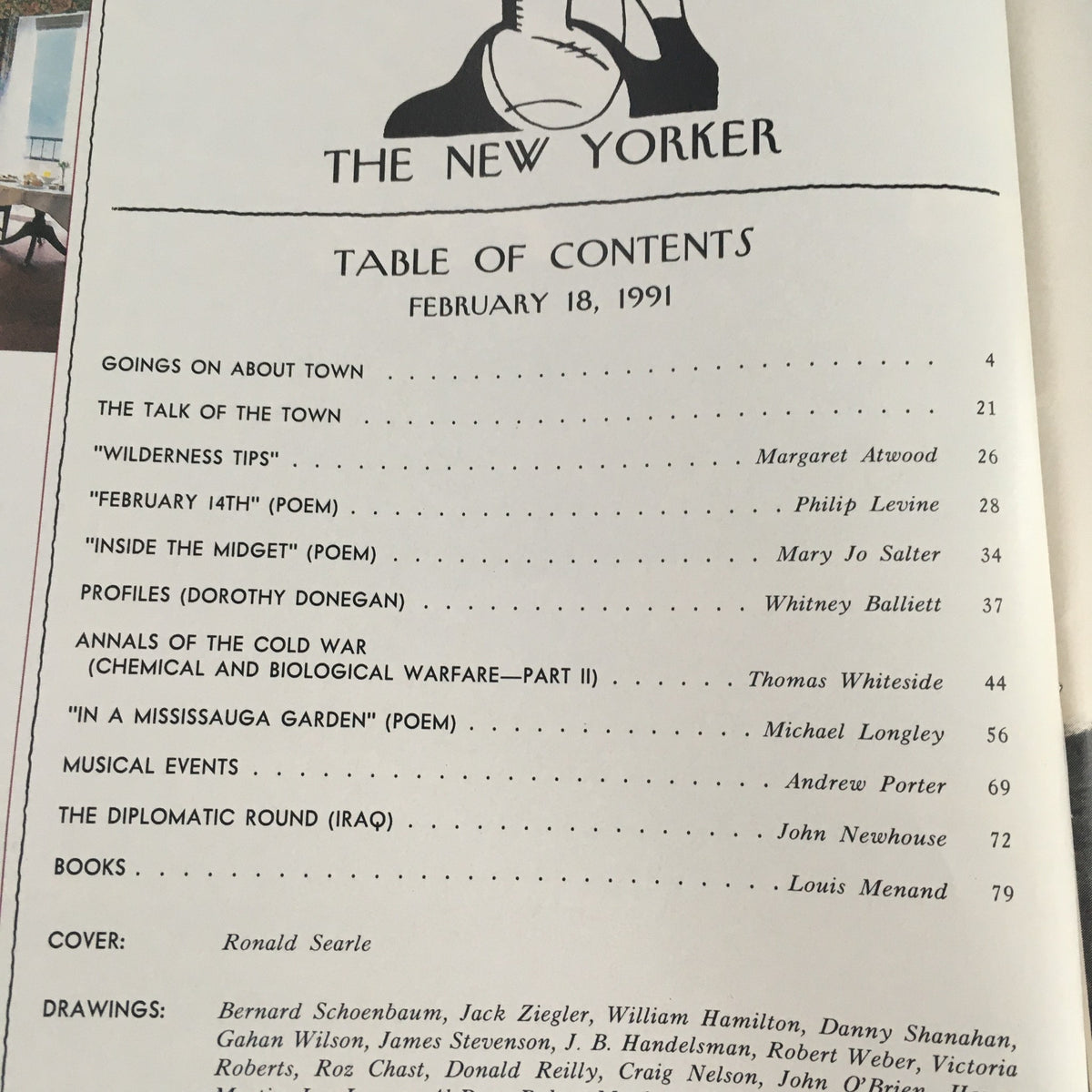 Table of contents from The New Yorker February 18 1991, featuring titles such as 'Goings On About Town' and 'The Talk of the Town', alongside contributions from notable authors and a cover by Ronald Searle.