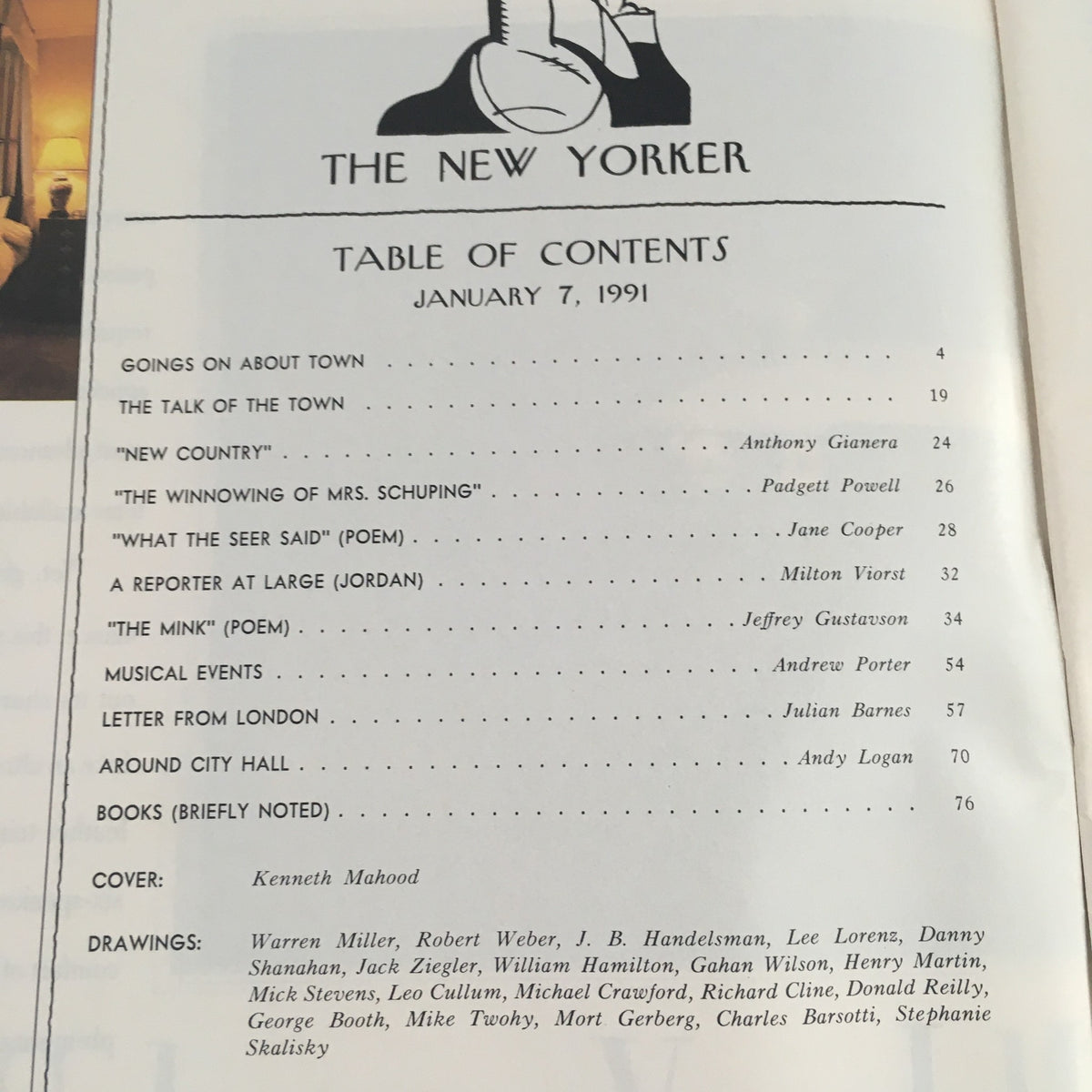Table of contents from The New Yorker January 7, 1991 issue featuring articles and poems, designed by Kenneth Mahood.