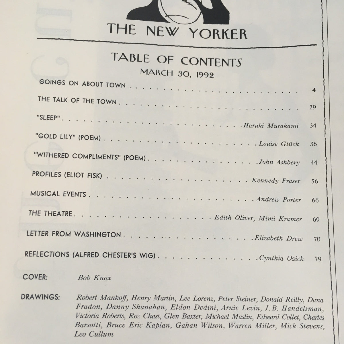 Table of contents from The New Yorker magazine dated March 30, 1992, featuring contributions from various authors and illustrations. Cover art by Bob Knox.