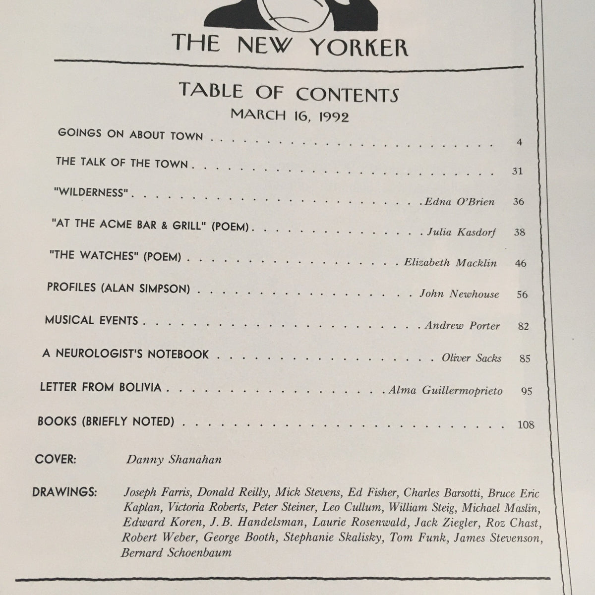 Table of contents for The New Yorker March 16 1992, showcasing various articles and features including contributions from notable authors, with artwork by Danny Shanahan.