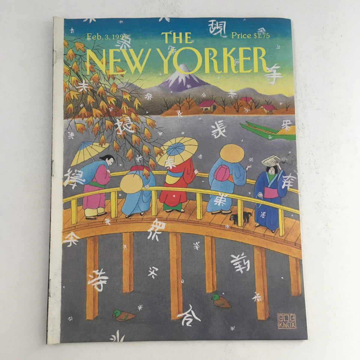 Cover of The New Yorker February 3, 1992, featuring a colorful illustration by Bob Knox, depicting figures in traditional attire walking on a bridge near a calm lake and autumn scenery.