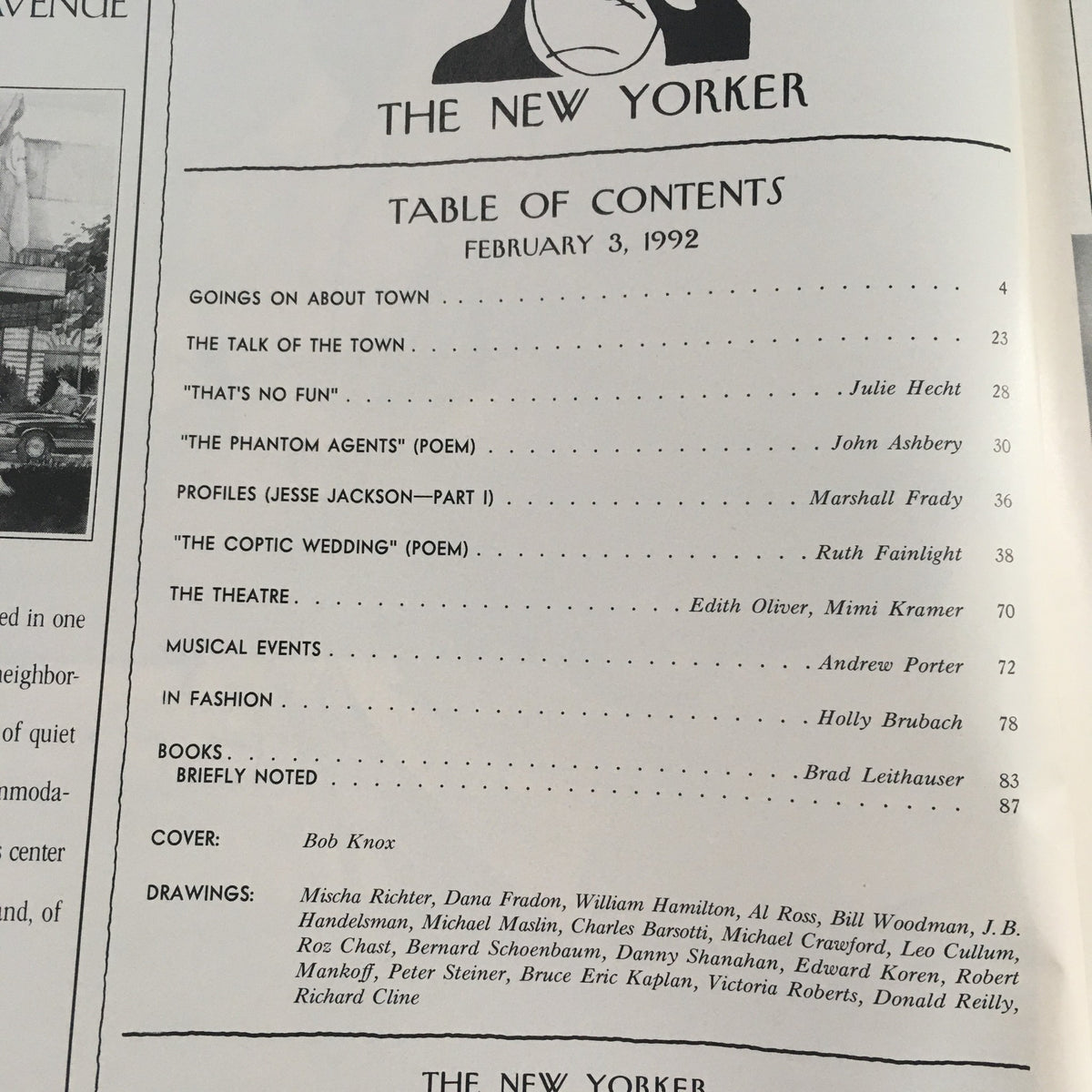 Table of contents page from The New Yorker February 3, 1992, listing articles and contributions, with cover design credited to Bob Knox.