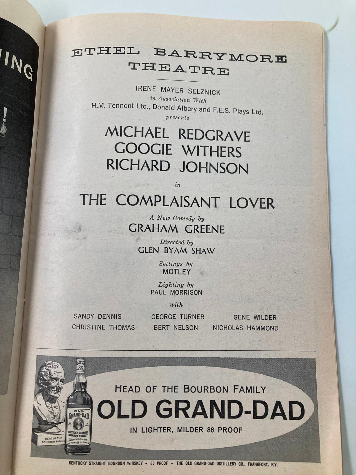 1961 Playbill from the Ethel Barrymore Theatre for 'The Complaisant Lover,' featuring Michael Redgrave, Googie Withers, and Richard Johnson, highlighting a classic Broadway production.