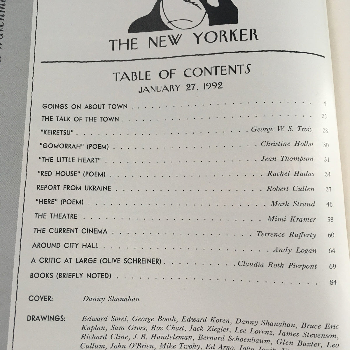 Table of Contents from The New Yorker January 27, 1992, listing articles and contributors, with cover credit to Danny Shanahan.