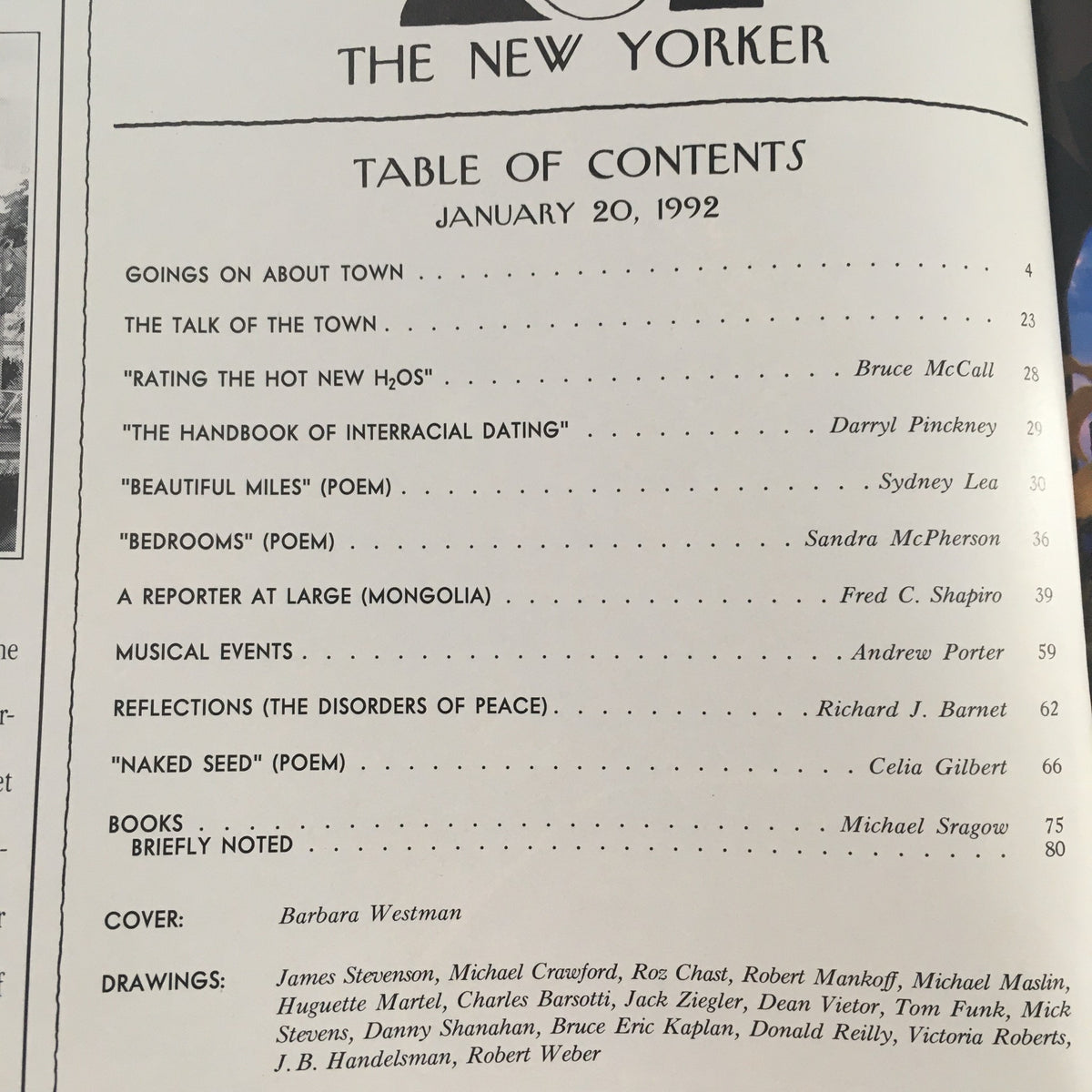 Table of contents page from The New Yorker January 20 1992, detailing featured articles and illustrations, with the cover artist Barbara Westman credited for the artwork.
