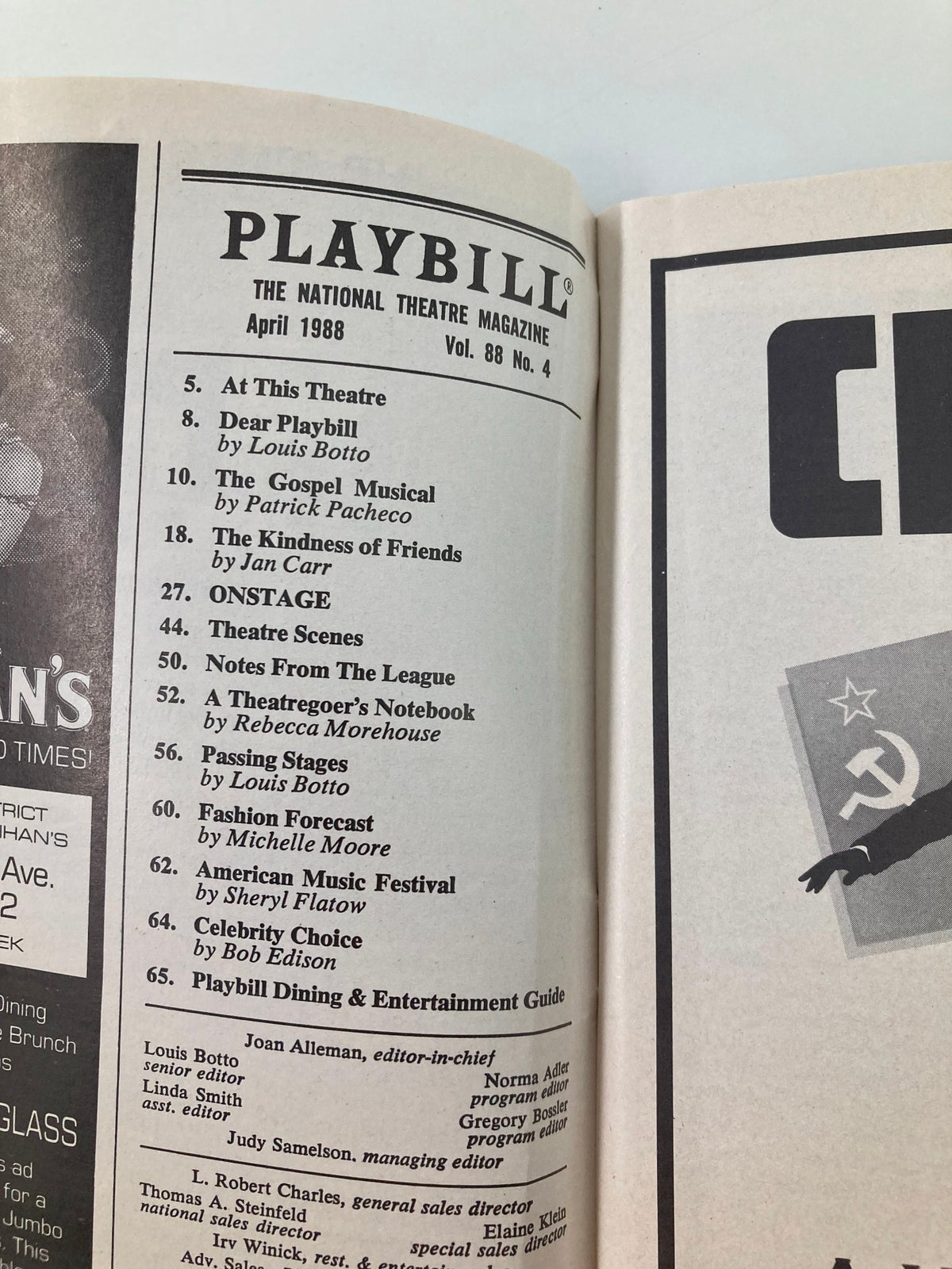 Inside page of the 1988 Playbill for 'The Music Box Mail', displaying the contents including articles and listings from April 1988.