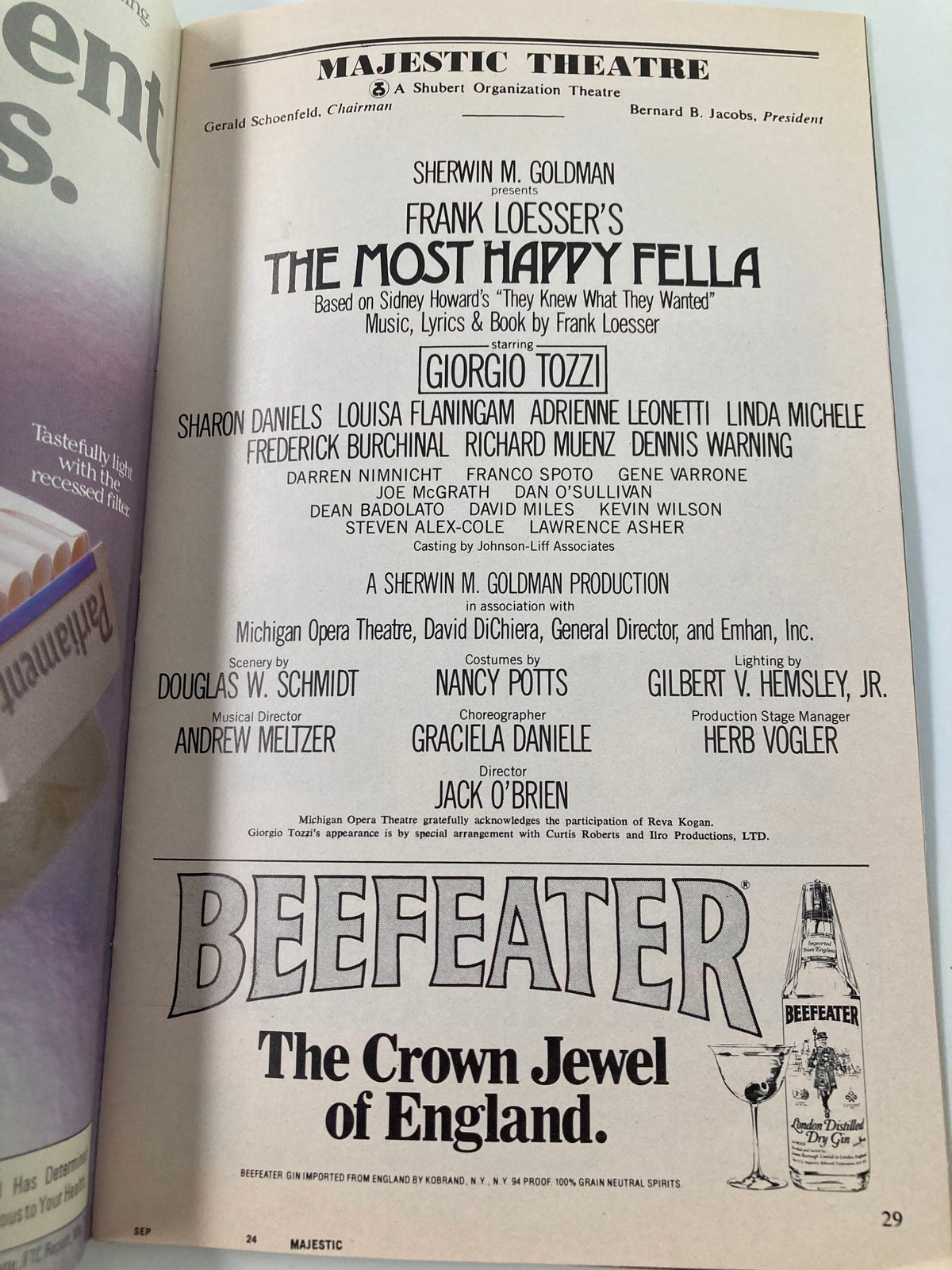 Credits page of the 1979 Playbill for The Most Happy Fella at Majestic Theatre showcasing the cast and production team.