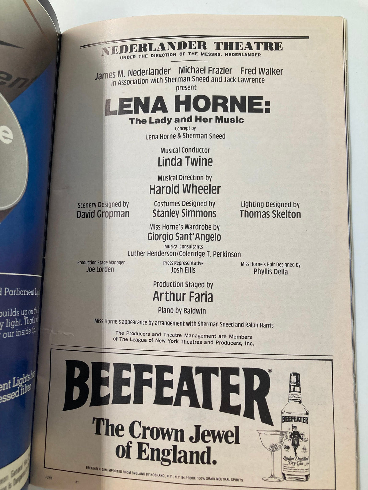 Cast and production details page from the 1982 Playbill for Lena Horne: The Lady and Her Music, listing creative team and show insights under the Nederlander Theatre.