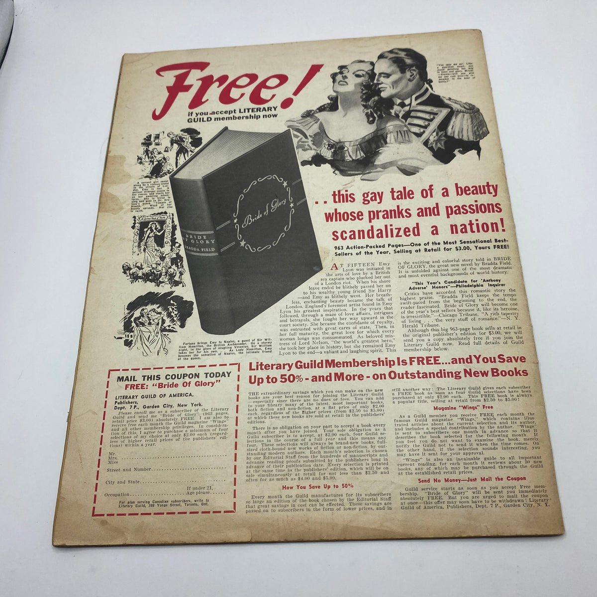 Free advertisement from VTG Pic Magazine July 21 1942 featuring a book promotion for 'Bride of Glory' with images of a couple and details about Literary Guild membership offers.