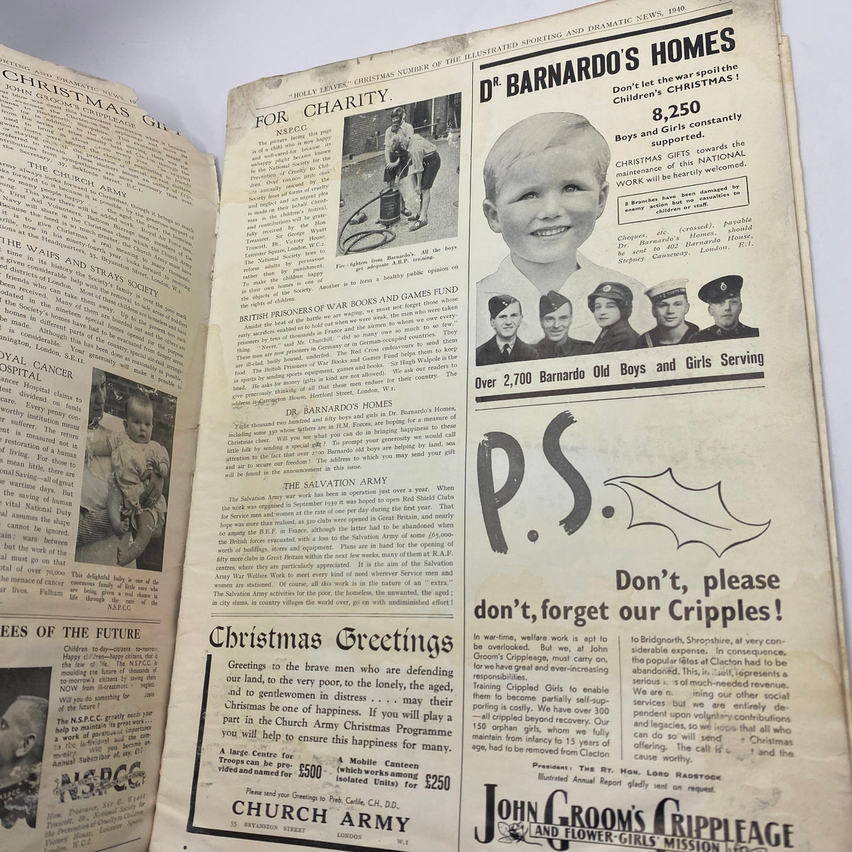Inside page of VTG Holly Leaves Magazine 1949 featuring charitable organization advertisements and holiday greetings.