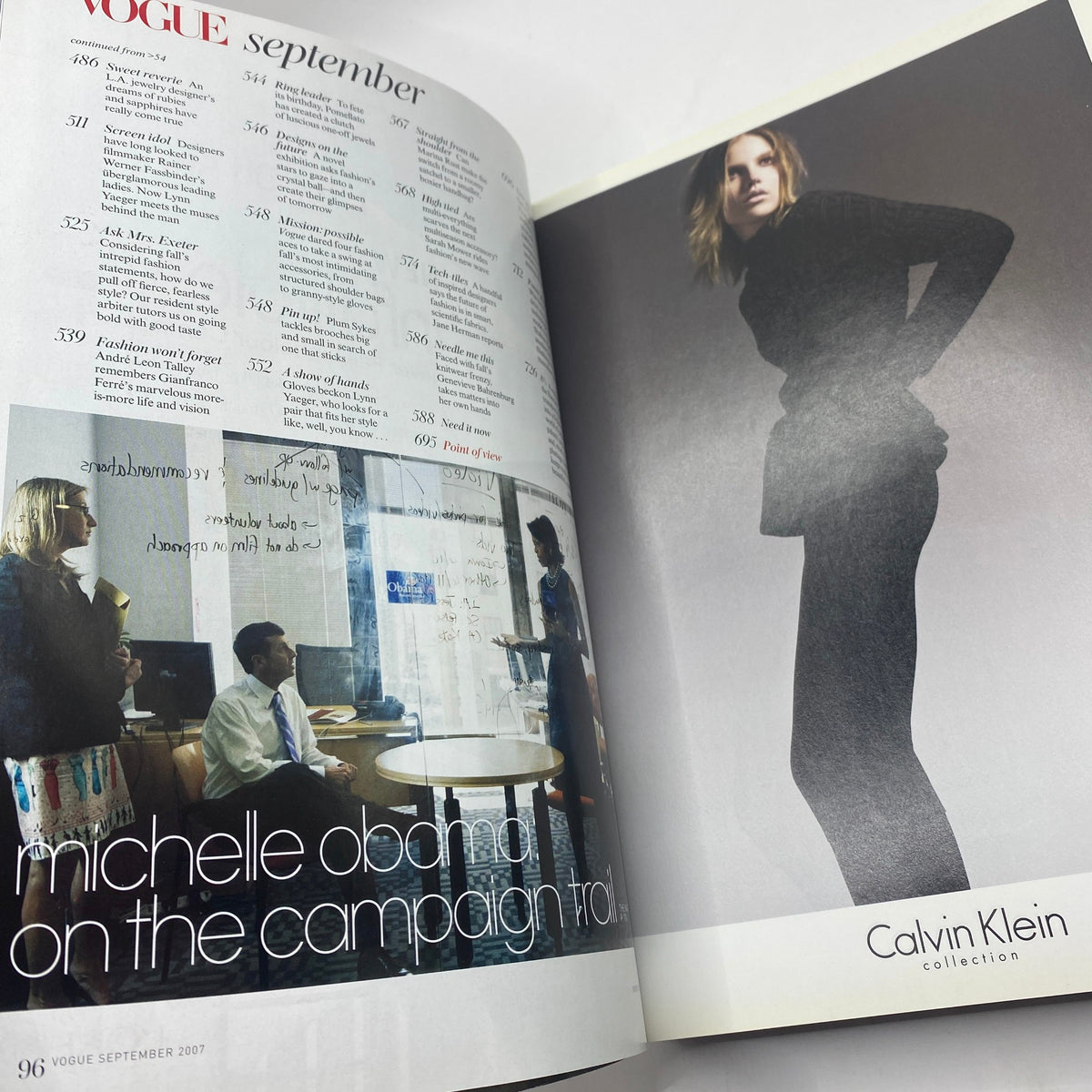 Vogue Magazine September 2007 featuring Michelle Obama on the campaign trail with Calvin Klein collection advertisement.