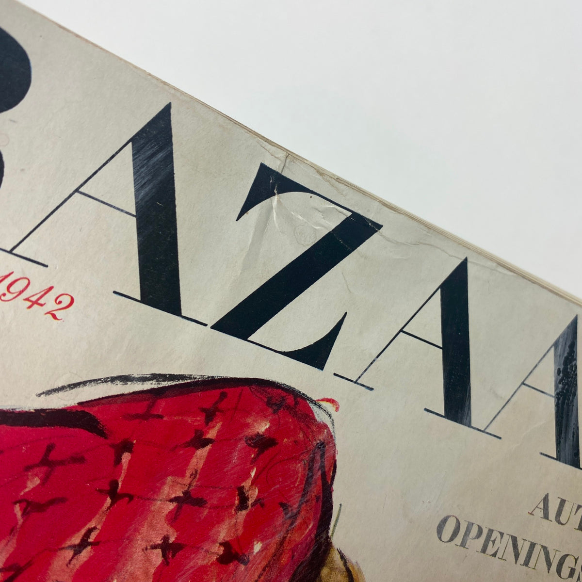 Close-up view of the VTG Harper's Bazaar Magazine September 1942 cover, featuring elegant autumn designs and vintage typography.