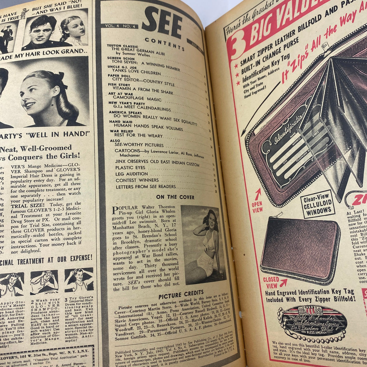 Interior page of VTG See Magazine July 1945 displaying the table of contents, highlighting articles from the era and capturing the essence of mid-20th century literature.