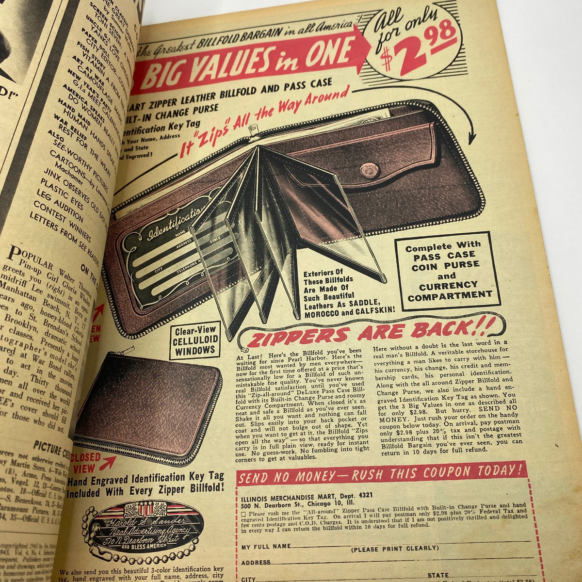 Vintage See Magazine July 1945 showing an advertisement for a leather billfold with zippers, highlighting its features in a retro design.