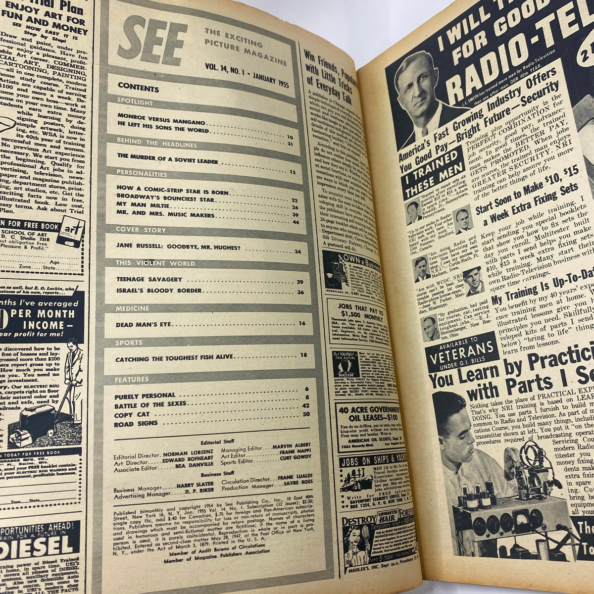 Inside pages of VTG See Magazine January 1955, displaying the table of contents and feature articles highlighting Jane Russell.
