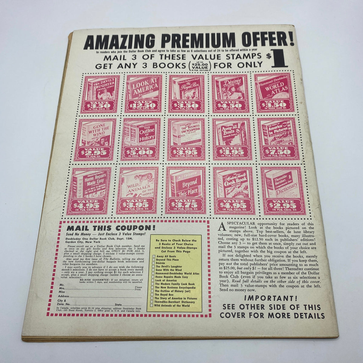Back cover of VTG See Magazine January 1955, advertising a premium book offer with vintage stamp visuals.