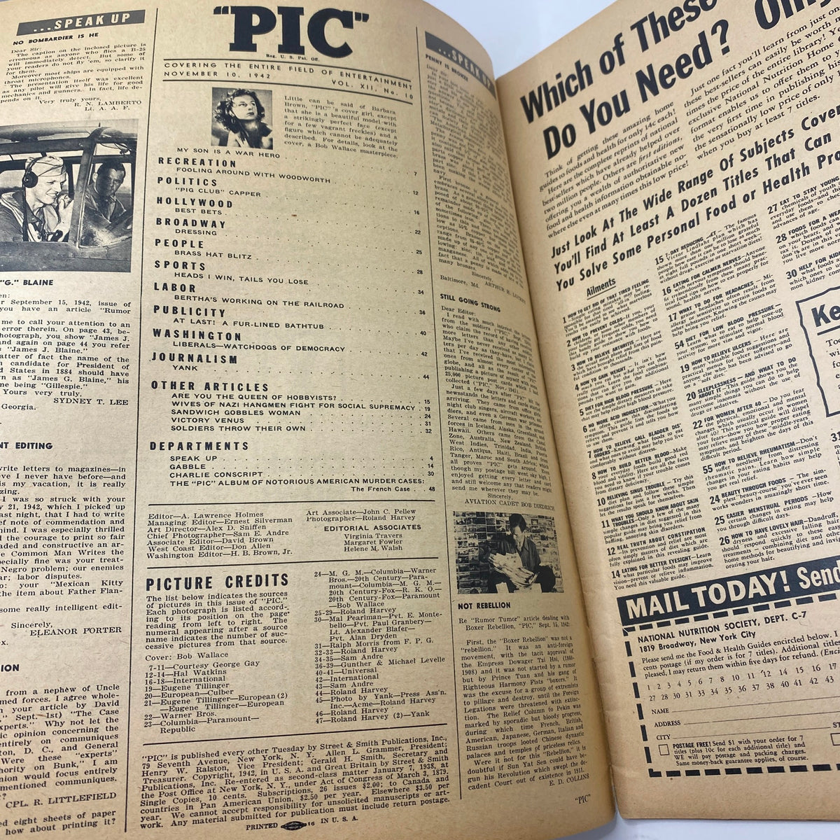 Interior page of VTG Pic Magazine November 10, 1942, Volume 11, Number 10 featuring various articles and content relevant to mid-20th century entertainment, including a table of contents.