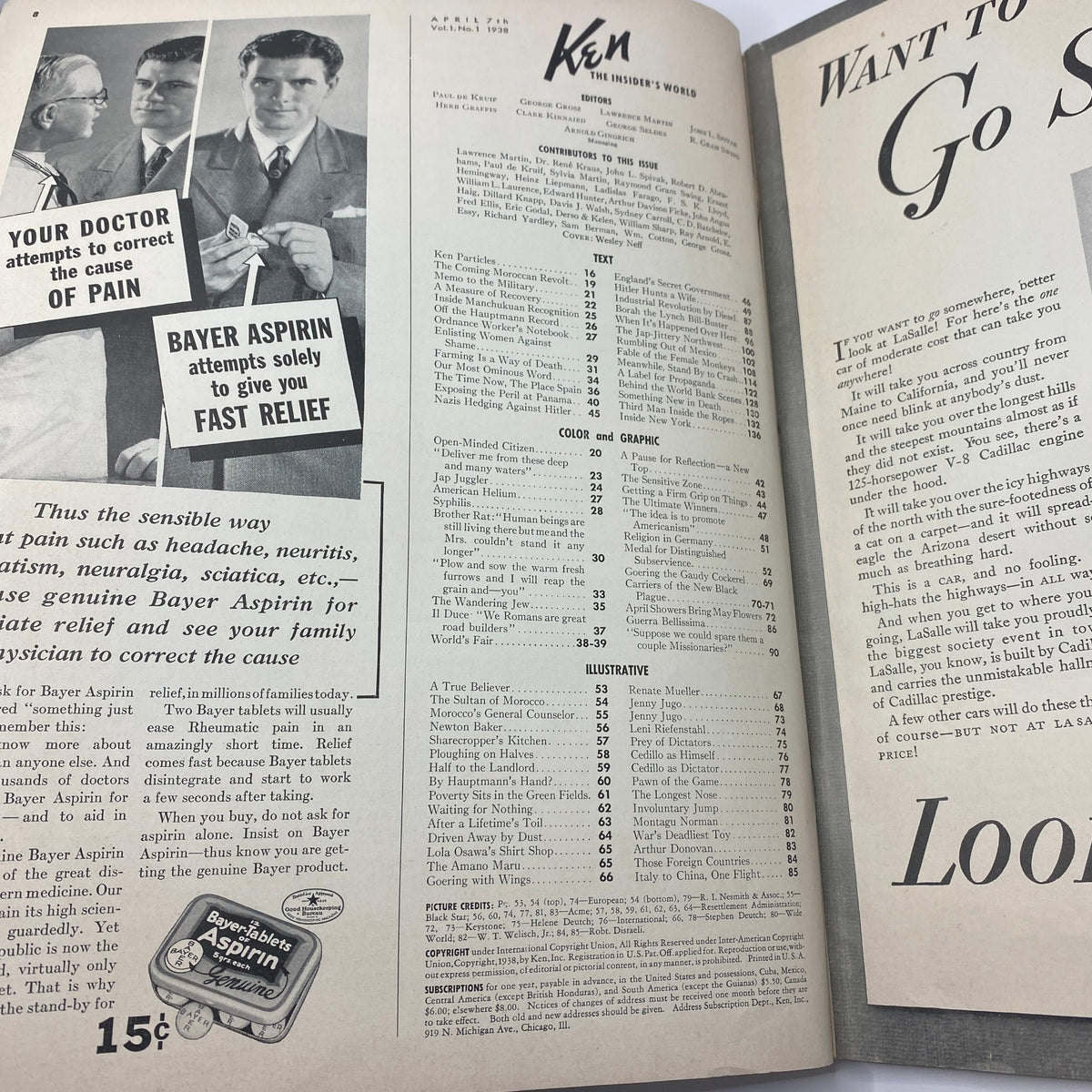 Interior page of VTG Ken The Insider's World Magazine April 7 1938 featuring articles on health, Bayer Aspirin advertisement, and a table of contents.