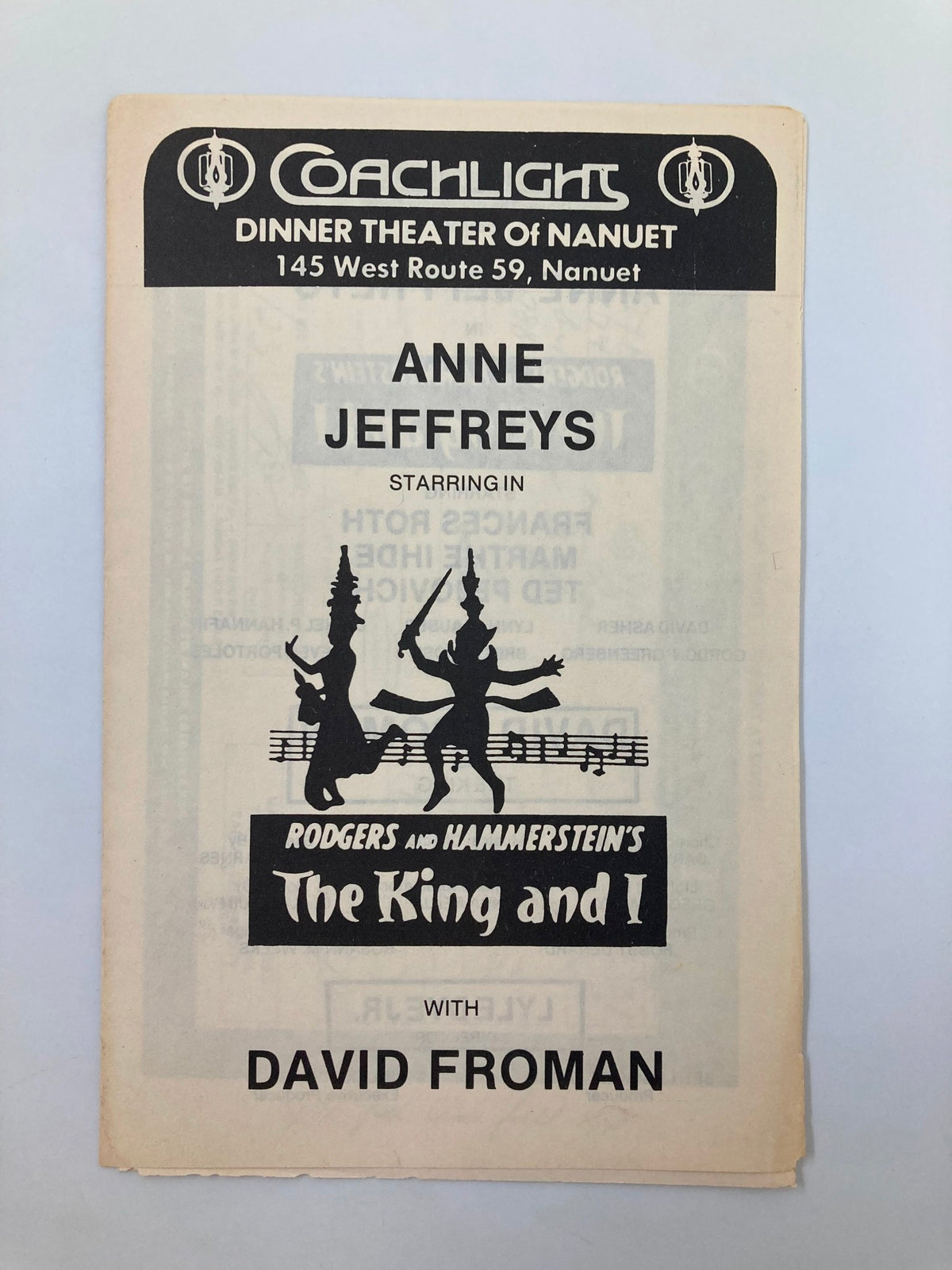 1981 Coachlights Theatre The King and I Playbill cover featuring Anne Jeffreys, showcasing the production with cast details.