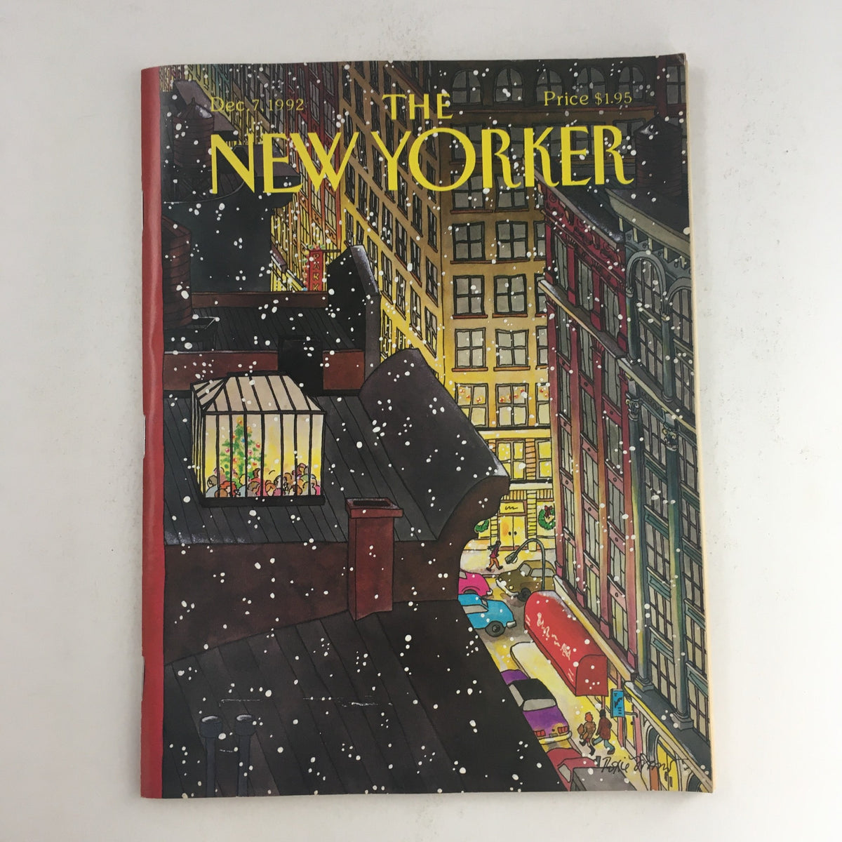 Cover of The New Yorker December 7 1992, featuring a winter city scene by Roxie Munro, showcasing snow falling over a bustling street.