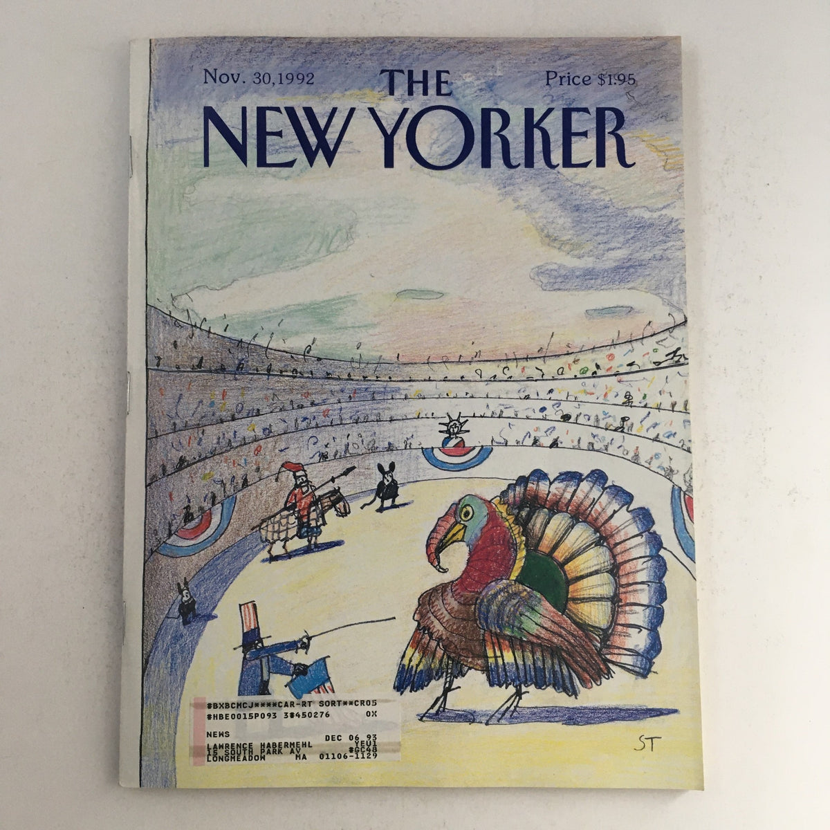 Cover of The New Yorker magazine from November 30, 1992, featuring a whimsical illustration by Saul Steinberg, depicting anthropomorphic characters in a humorous scene.