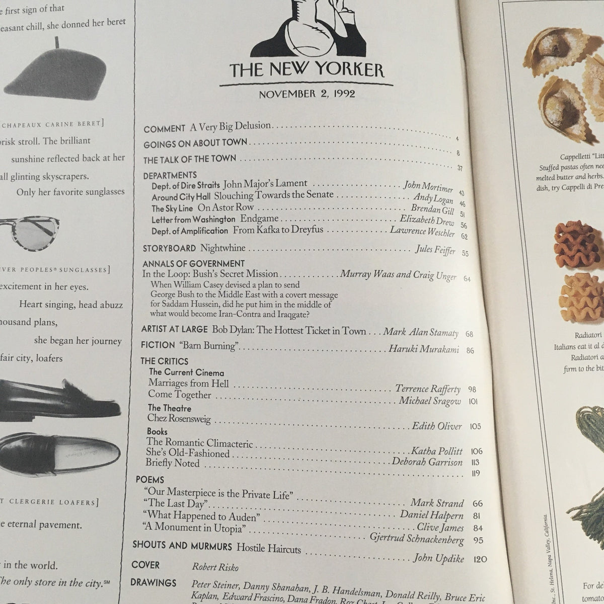 Table of contents from The New Yorker November 2, 1992 Full Magazine, listing articles and contributions, showcasing the magazine's literary style.