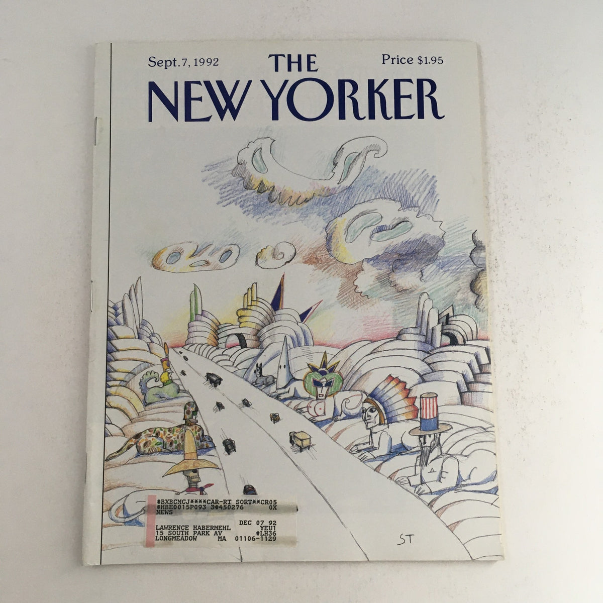 Cover of The New Yorker magazine dated September 7, 1992, featuring a whimsical illustration by Saul Steinberg, depicting a surreal landscape with unique characters and structures, noted as in Very Good condition.